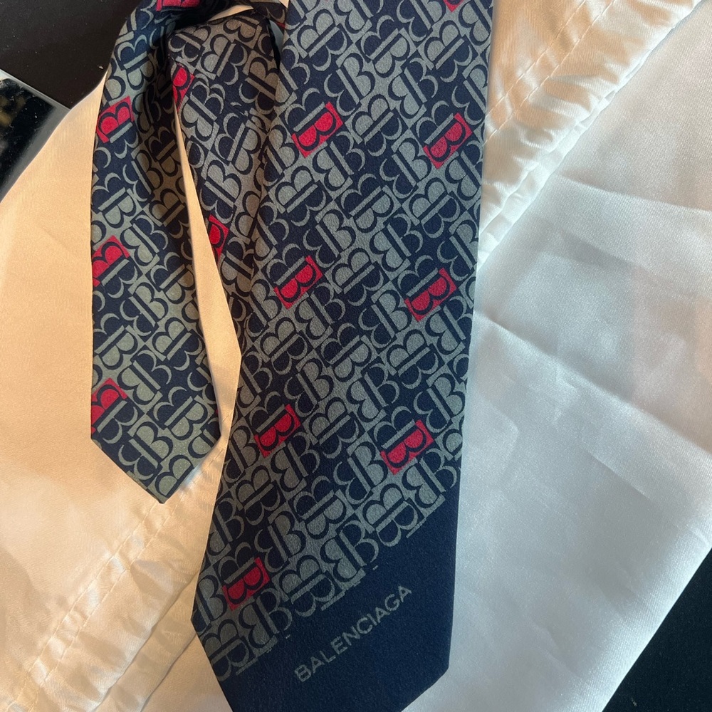 Balenciaga Navy and Red Logo Tie